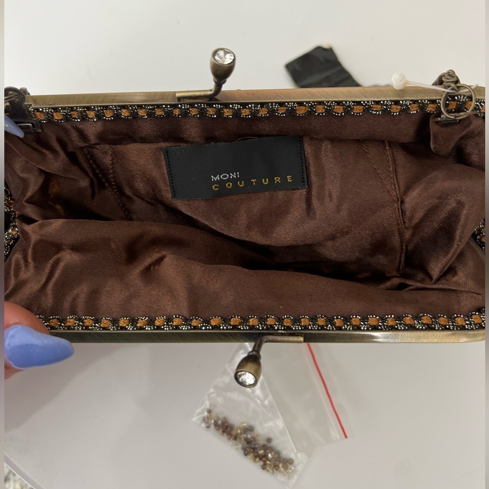 NWT MONI Couture Beaded Olive Green Amber Brown Formal Clutch With Bronze Accent - Picture 8 of 15